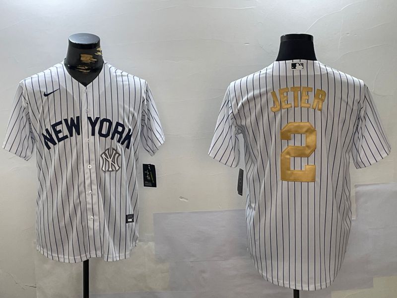 Men New York Yankees #2 Jeter White Stripe Fashion Nike 2024 MLB Jersey style 4